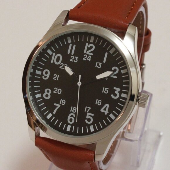 Men's Quartz Field Watch Silver Case Brown Leather Strap 42mm - Picture 7 of 12